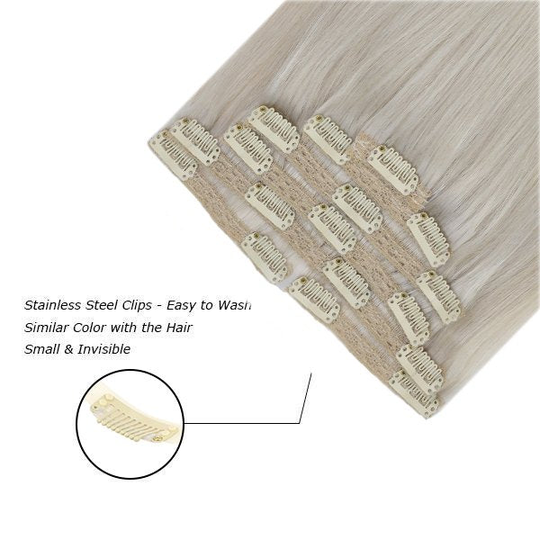Clip in hair extensions Real Human Hair Silky Straight White Blonde#1000 - Image 3