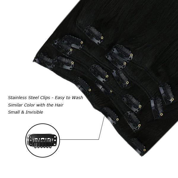 Clip in hair extensions Double Weft Jet Black  human hair extensions #1 - Image 3