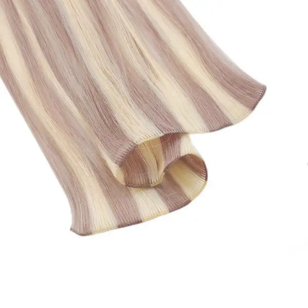 Hand Tied Weft Hair Extensions Virgin Hair with Pink Blonde Highlights #18/613 - Image 6