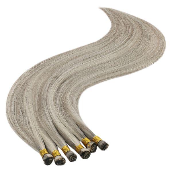 Hand Tied Weft Hair Extensions for Thin Hair Virgin Human Hair Grey Blonde Highlights#19/60 - Image 12