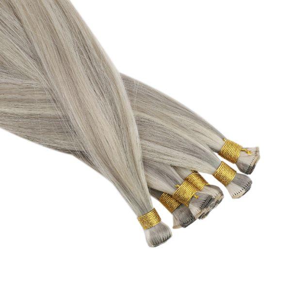 Hand Tied Weft Hair Extensions for Thin Hair Virgin Human Hair Grey Blonde Highlights#19/60 - Image 6