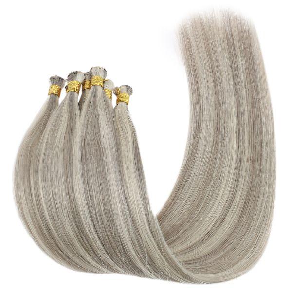Hand Tied Weft Hair Extensions for Thin Hair Virgin Human Hair Grey Blonde Highlights#19/60 - Image 7