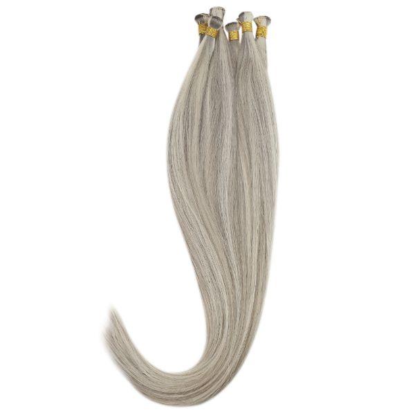 Hand Tied Weft Hair Extensions for Thin Hair Virgin Human Hair Grey Blonde Highlights#19/60 - Image 8
