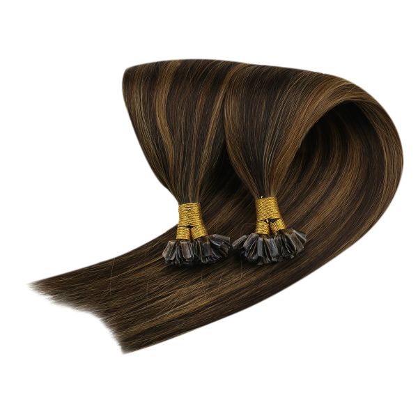 Keratin U Tip Human Hair Extensions Darkest and Medium Brown Highlights #2/6/2 - Image 2