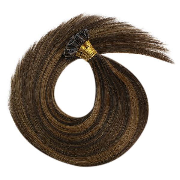 Keratin U Tip Human Hair Extensions Darkest and Medium Brown Highlights #2/6/2 - Image 5