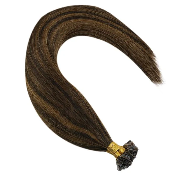 Keratin U Tip Human Hair Extensions Darkest and Medium Brown Highlights #2/6/2 - Image 6