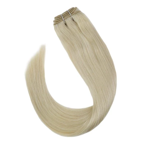 Weft Hair Extensions Sew in Remy Human Hair Lightest Blonde Hair #60 - Image 5