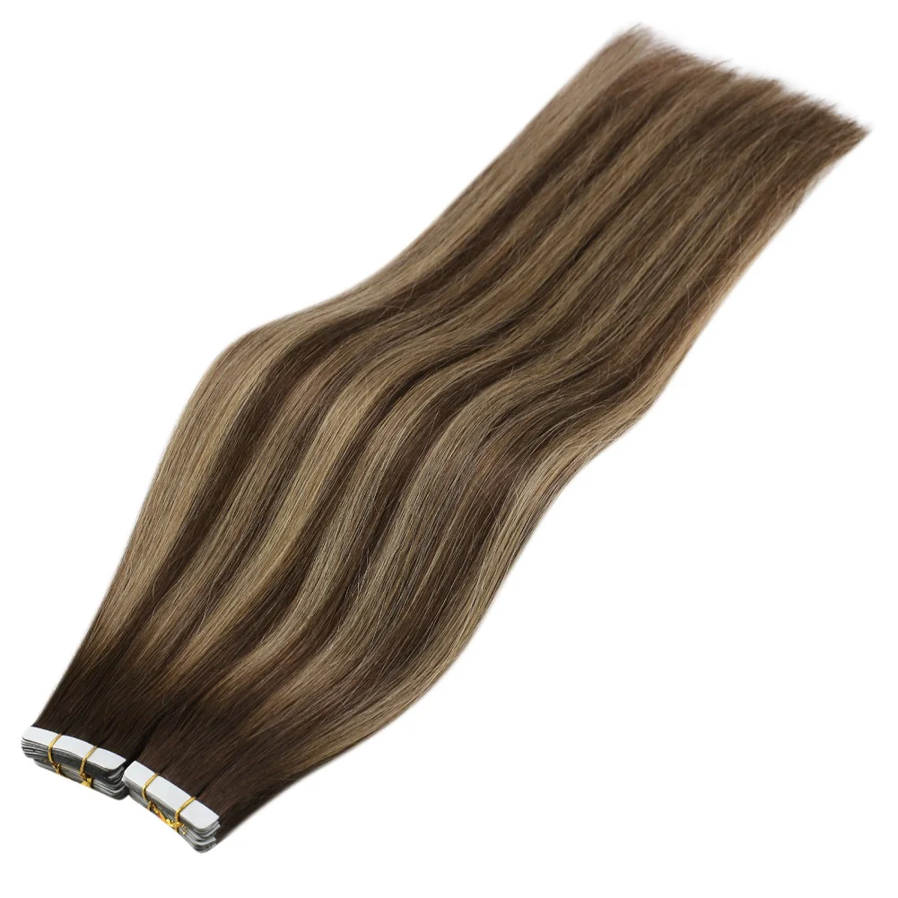 Tape in Extensions Human Hair Extensions Brown with Blonde Highlights #4/27 - Image 3