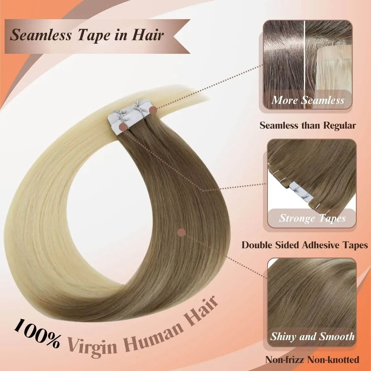 [Virgin Hair] Best Tape in Hair Extensions Injected Tape Ins Balayage Color #BA8/60 - Image 2