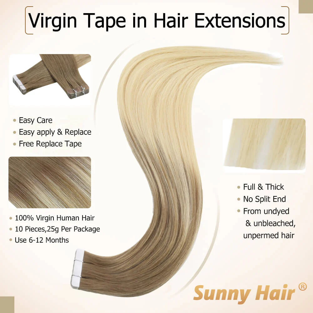 [Virgin Hair] Best Tape in Hair Extensions Real Human Hair Balayage Blonde #8/60 - Image 3