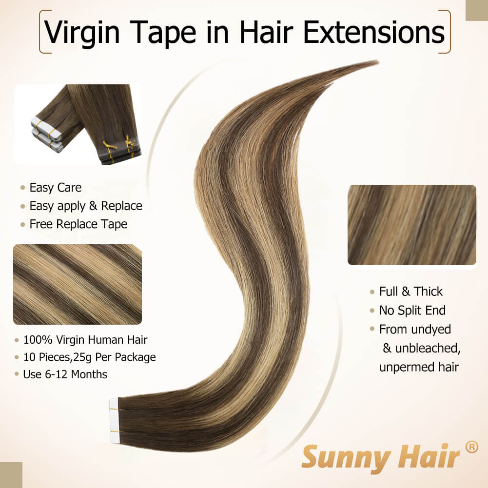 [Virgin Hair] Tape in Human Hair Extensions Straight Brown Blonde Hair #BM - Image 3