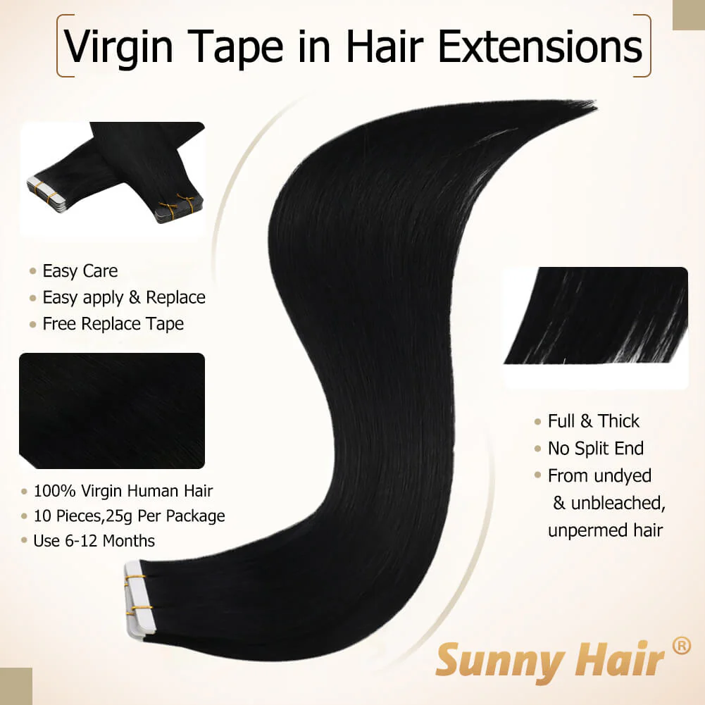 [Virgin Hair] Invisible Tape in Hair Extensions Real Human Hair Natural Black #1B - Image 3