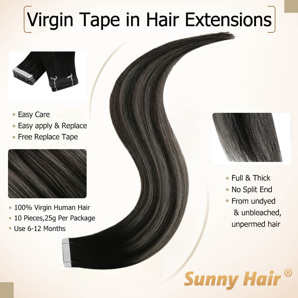 [Virgin Hair] Tape in Extensions Full Cuticle Human Hair Balayage #1B/Silver/1B - Image 3